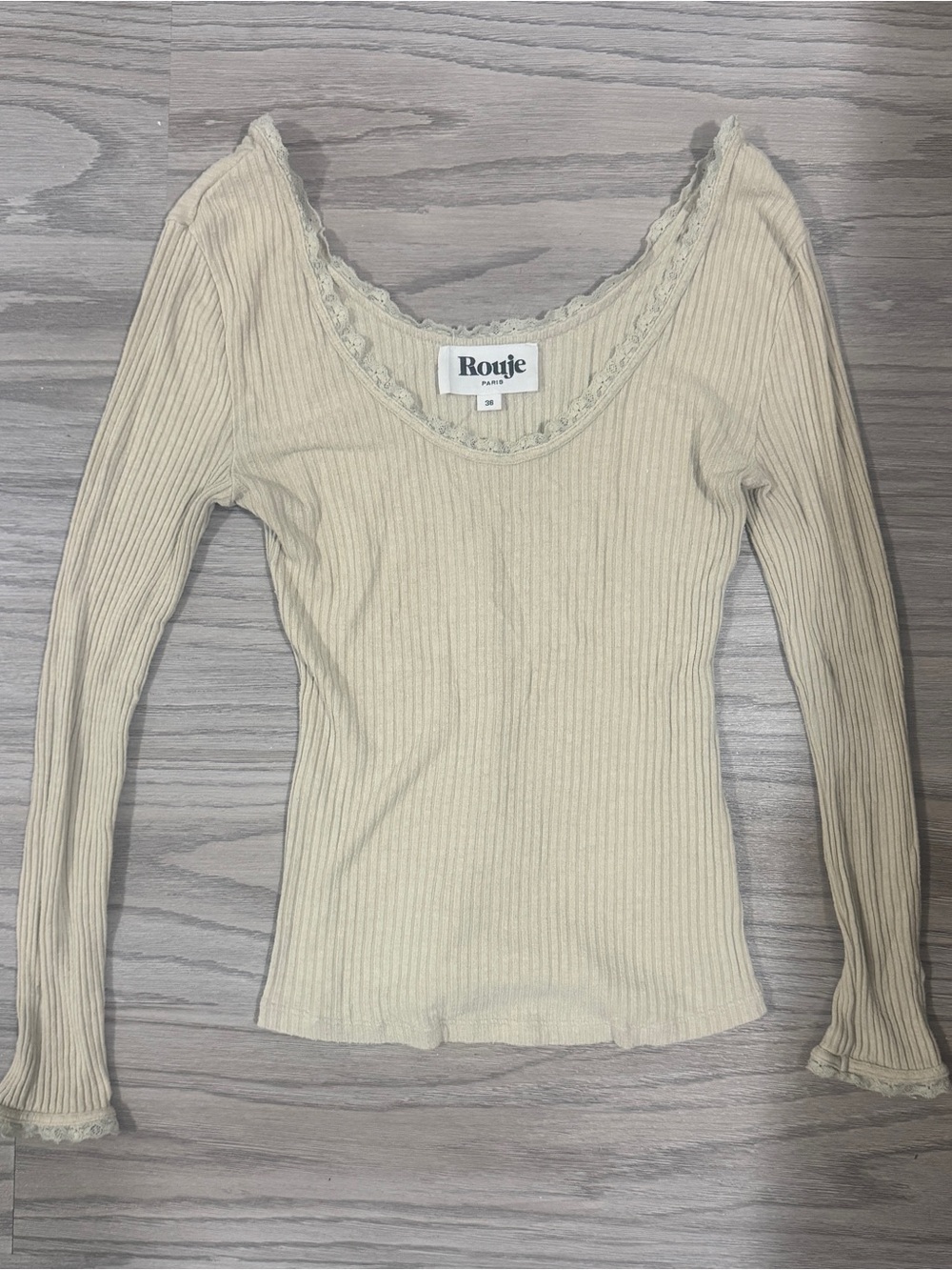Rouje Paris Ribbed Lace Trim Long Sleeve Top French Girl Chic Soft Girl Size 36